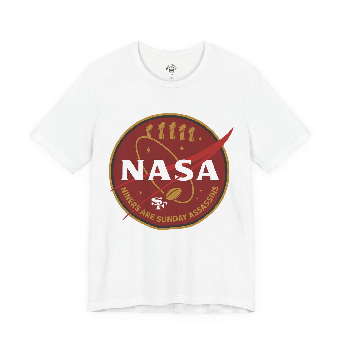 Red & Gold NASA-Inspired Football Tee – Niners Are Sunday Assassins – Game Day Graphic Shirt