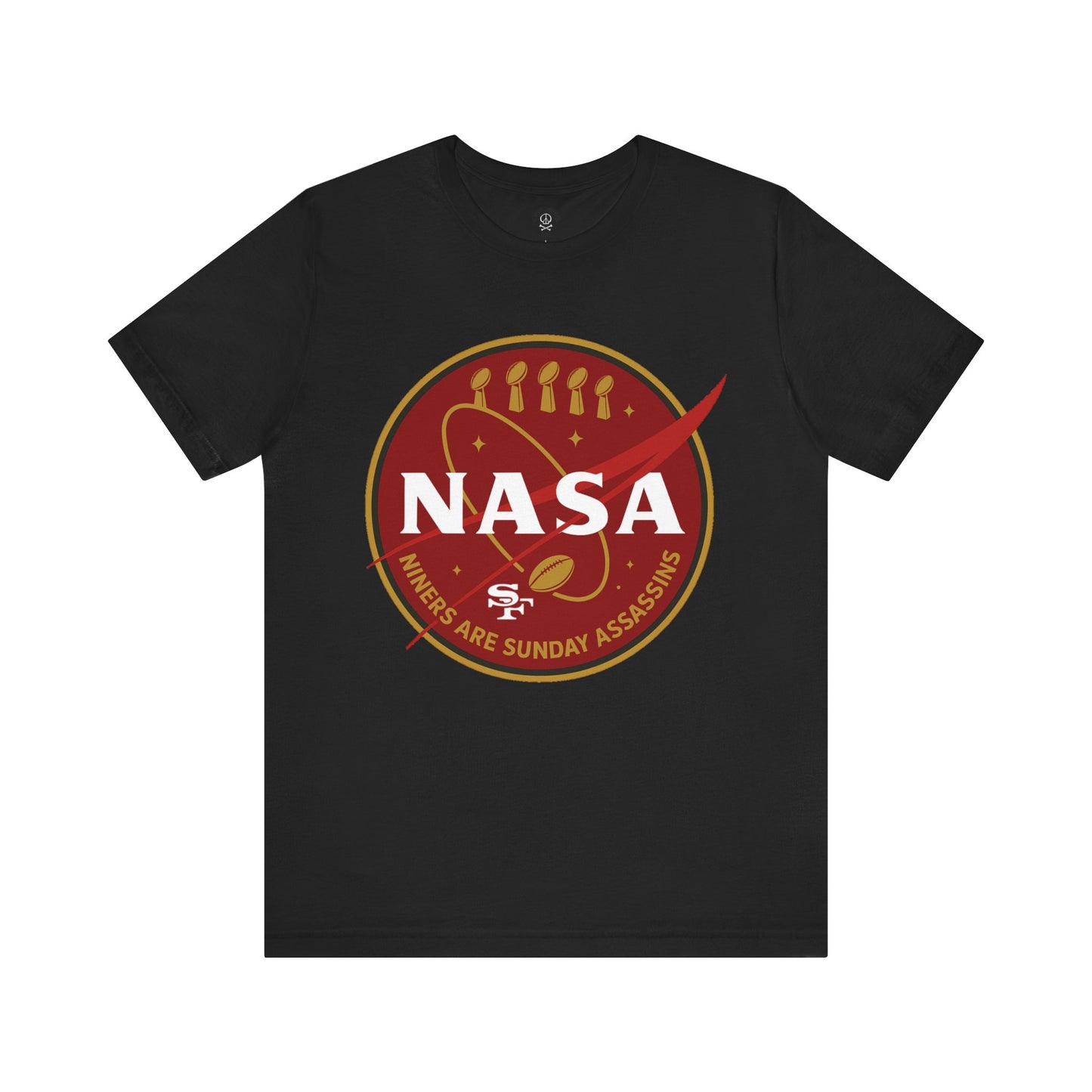 Red & Gold NASA-Inspired Football Tee – Niners Are Sunday Assassins – Game Day Graphic Shirt