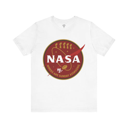 Red & Gold NASA-Inspired Football Tee – Niners Are Sunday Assassins – Game Day Graphic Shirt