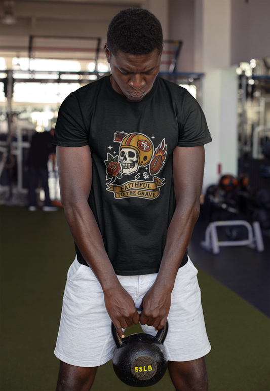 Faithful To The Grave Football Tee • Skull Helmet Tattoo Style • Bay Area Colors Fan Shirt • Vintage Flash Graphic • Unisex Soft Tee