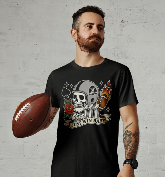 Vintage Skull Football Tee – Silver & Black Tattoo Style Graphic – Unisex Game Day Shirt