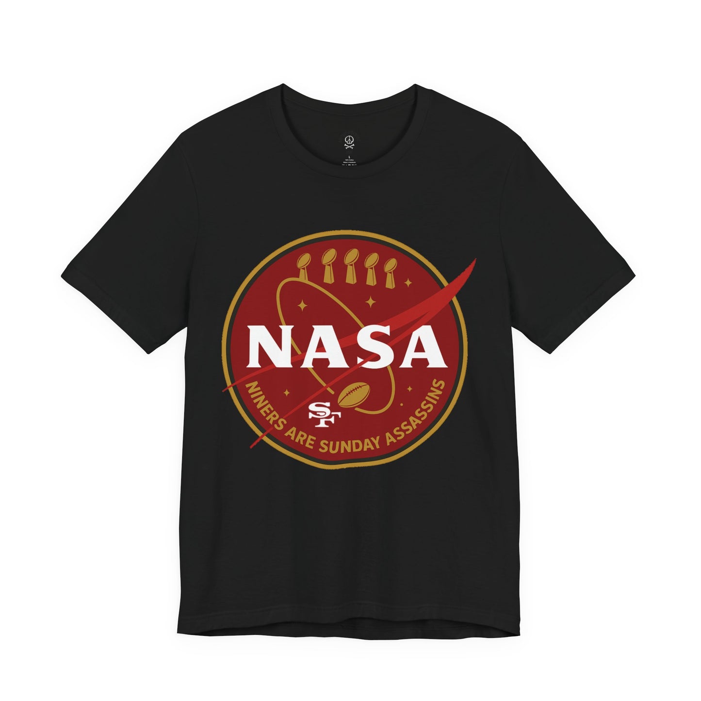 Red & Gold NASA-Inspired Football Tee – Niners Are Sunday Assassins – Game Day Graphic Shirt